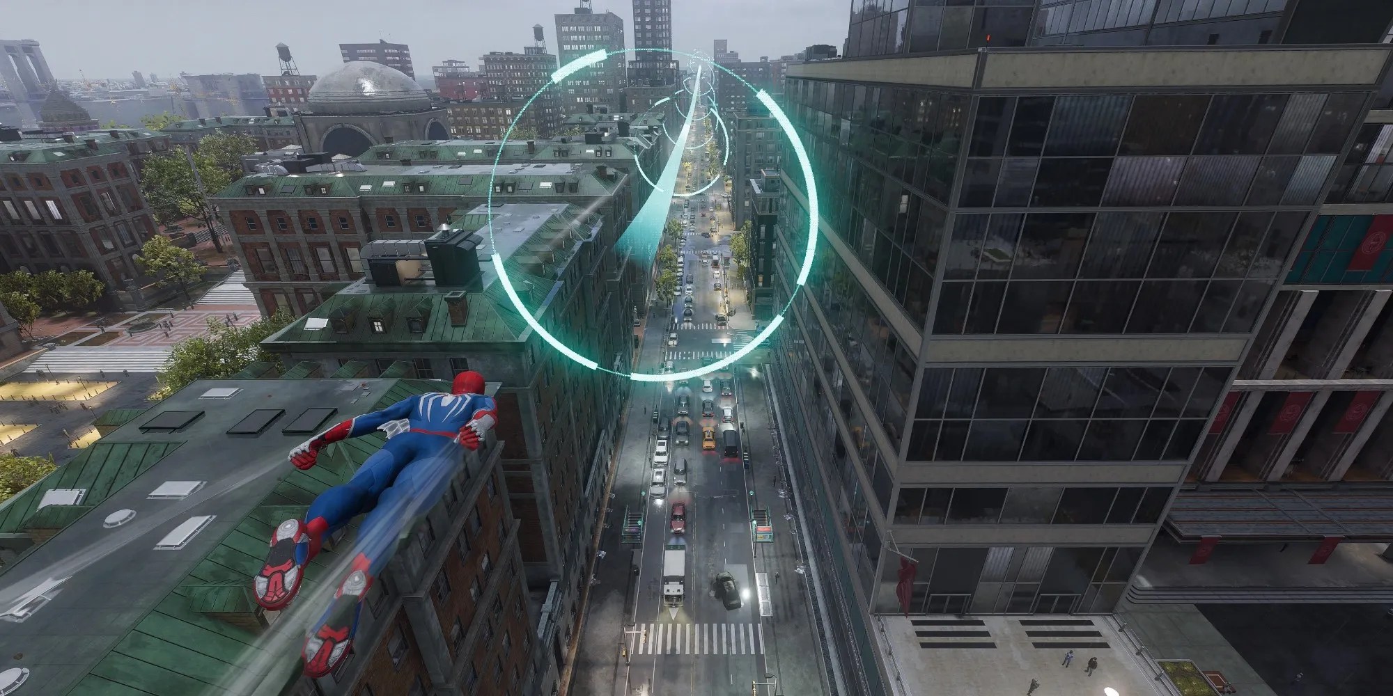 Spider-Man using web-wings to glide through a wind tunnel