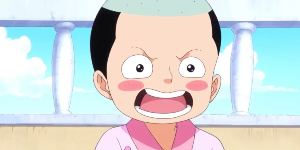 A blushing child Momonosuke as he appears in the One Piece anime