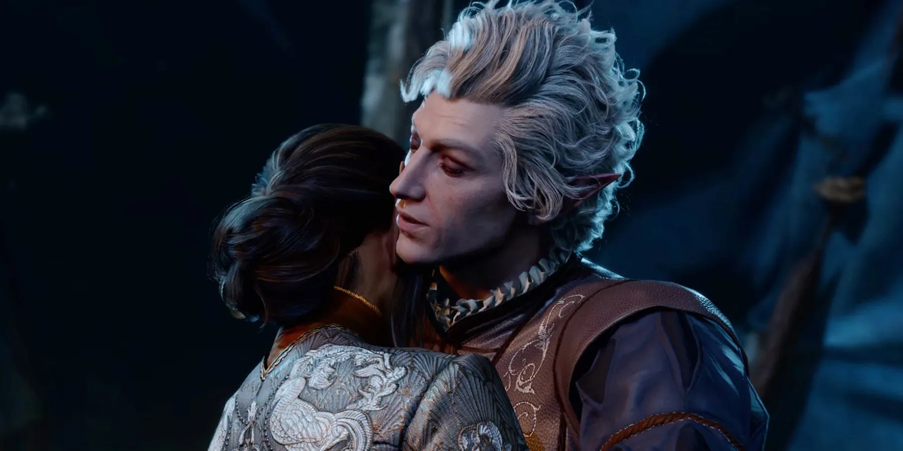 Romanced Astarion and Tav (player character) hug in the epilogue