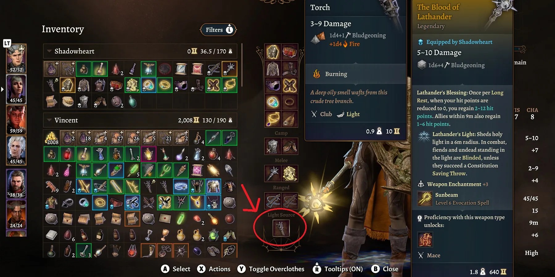 baldur&rsquo;s gate 3 equipping a torch when using a controller