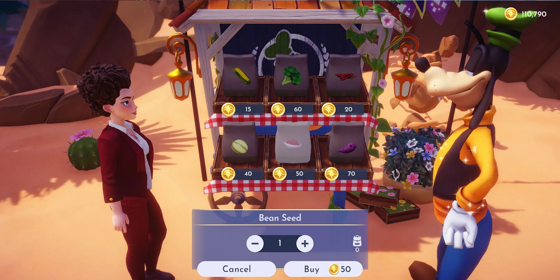 Buying Bean Seeds from Goofy&rsquo;s Stall in Disney Dreamlight Valley.