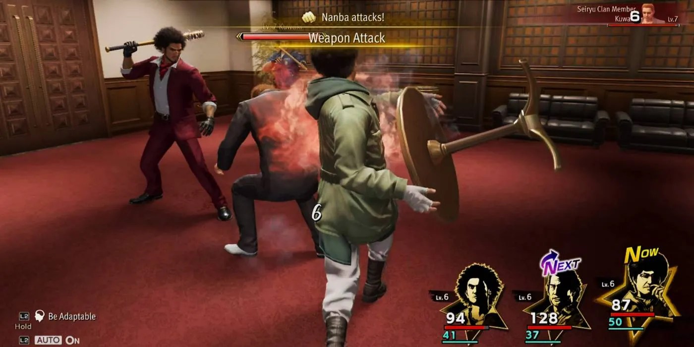 Nanba attacking a yakuza with a table in Like a Dragon: Infinite Wealth
