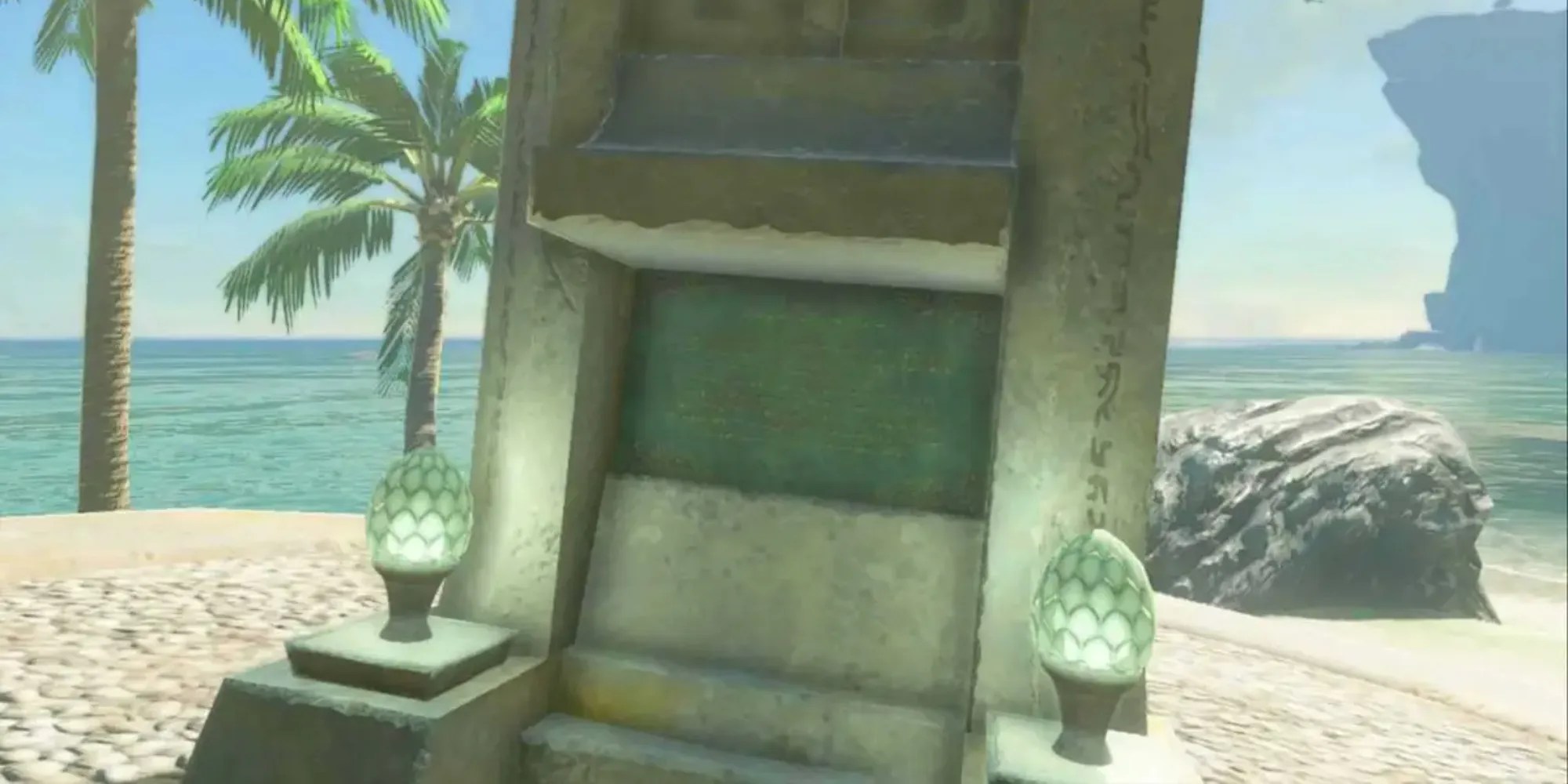 A stone tablet on a beach in Hyrule