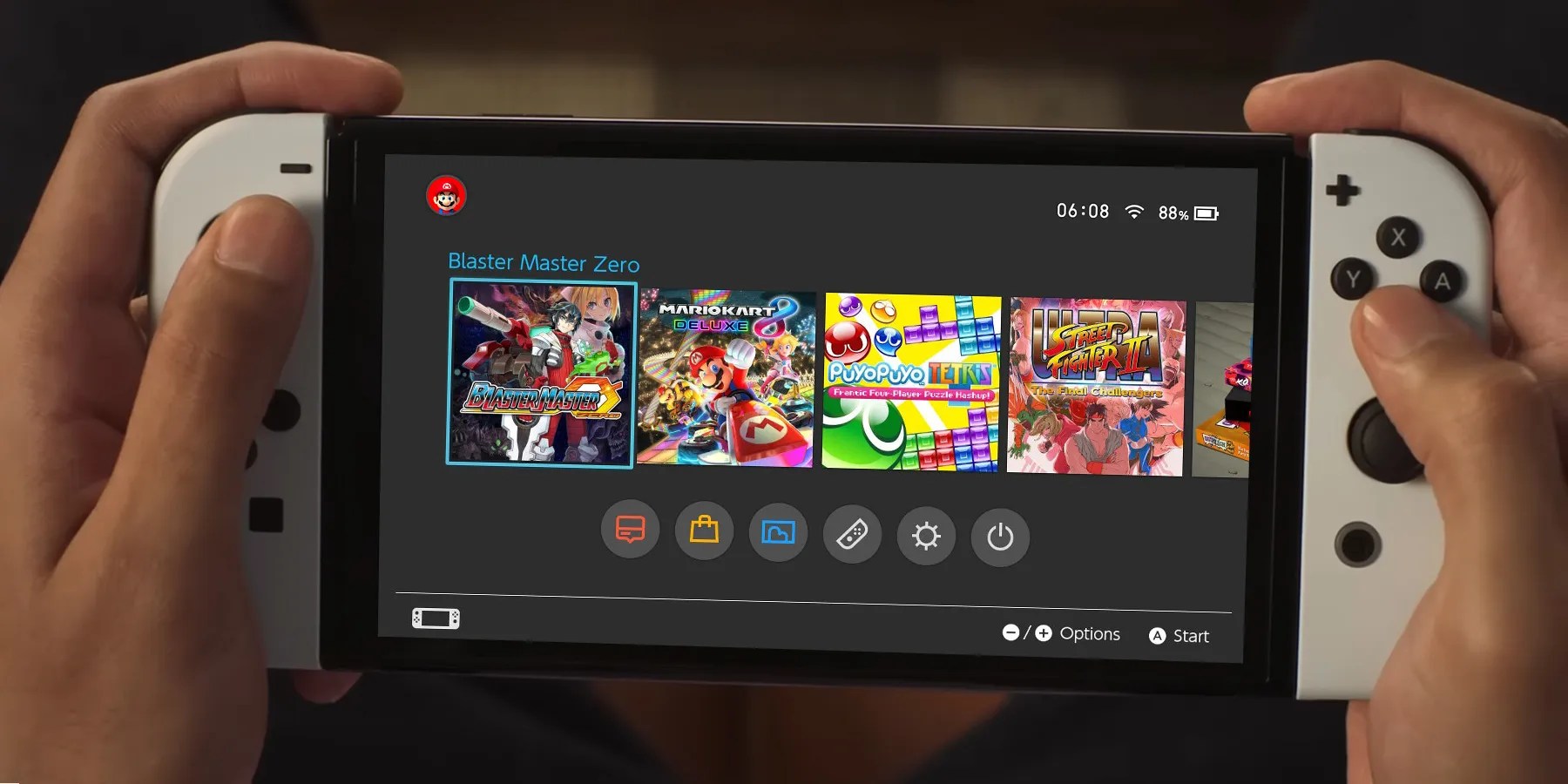 Nintendo Switch OLED Model dark UI theme composite handheld POV
