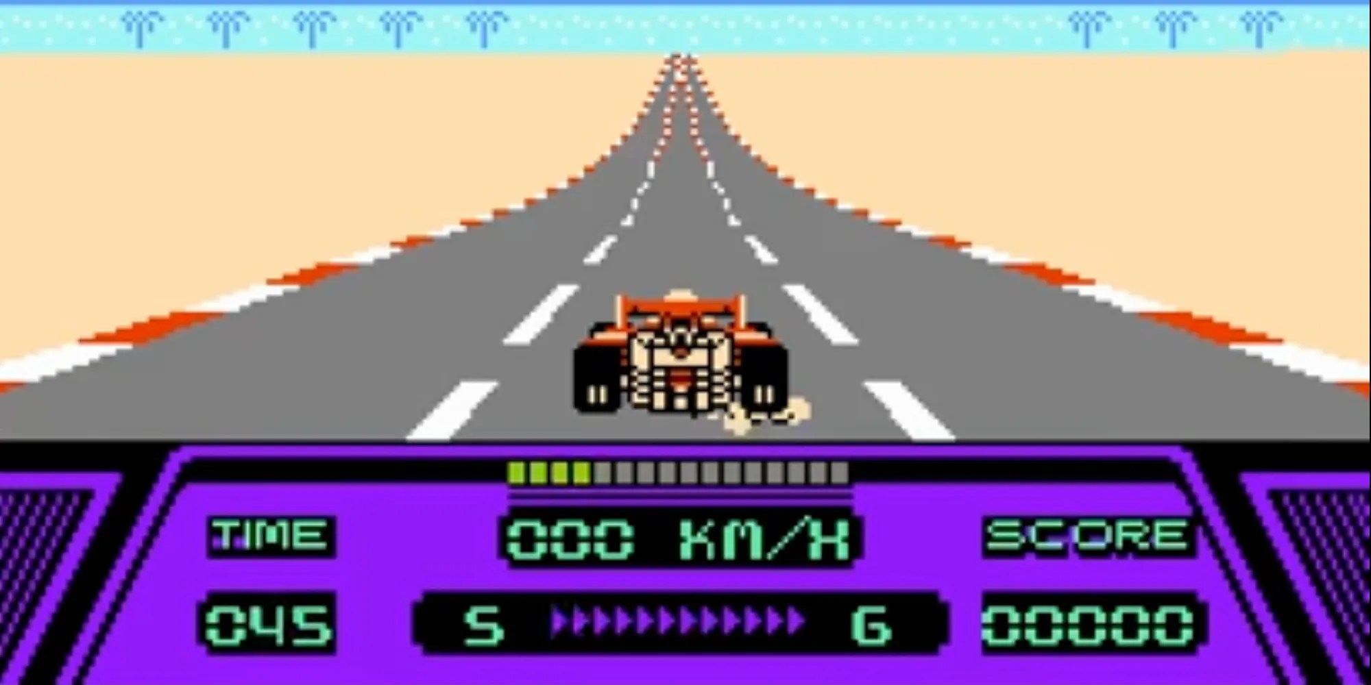 A race car on an empty road in Rad Racer