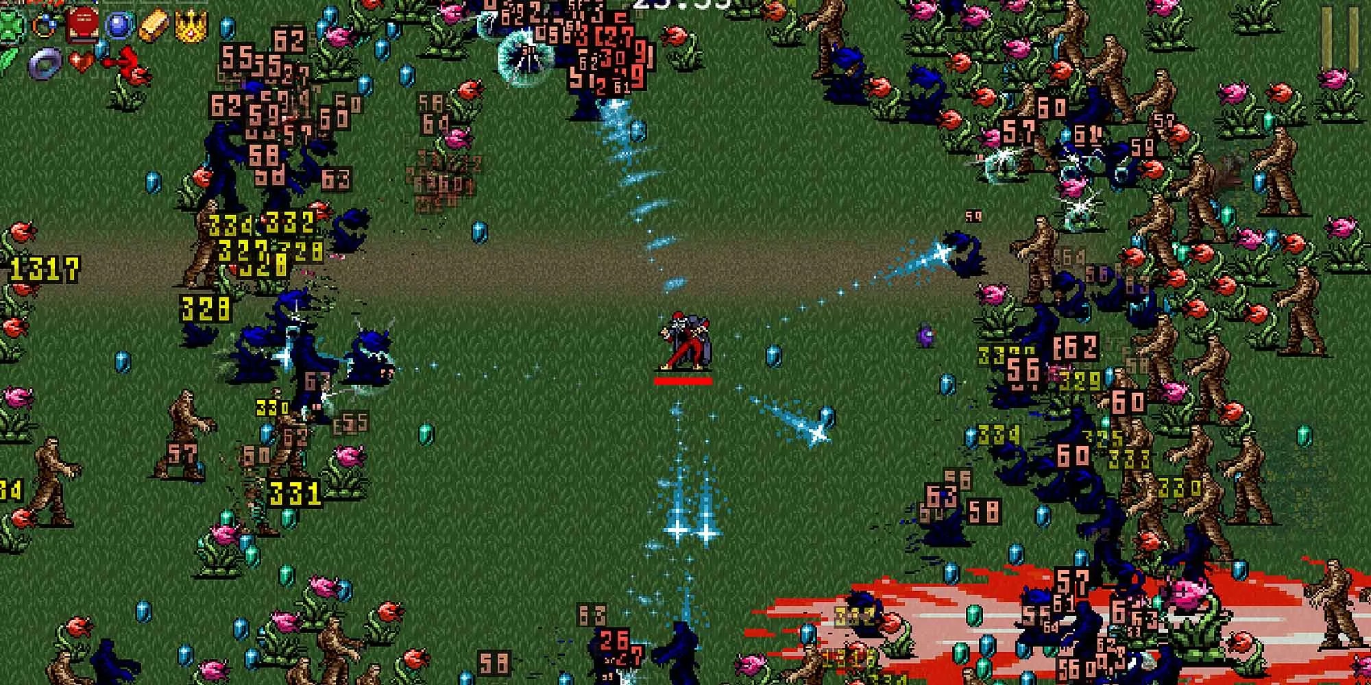 Spellstring, Sharp Tongue, and Magic Wand weapons In Vampire Survivors