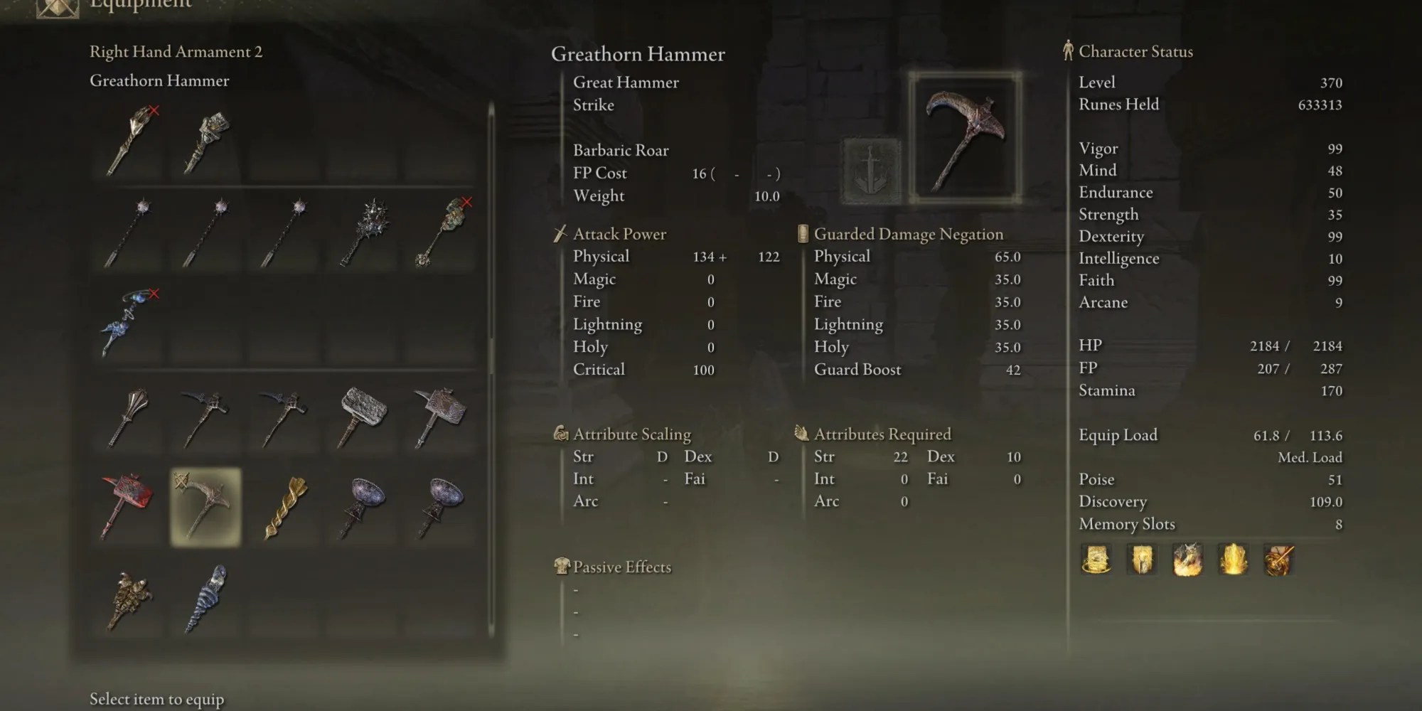 Greathorn Hammer Stat Page in Elden Ring