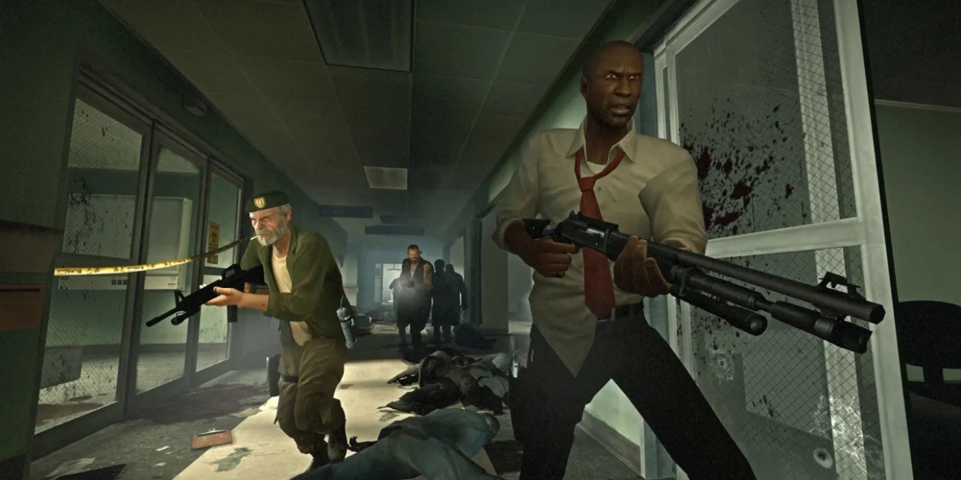 Left 4 Dead characters charging down a hallway