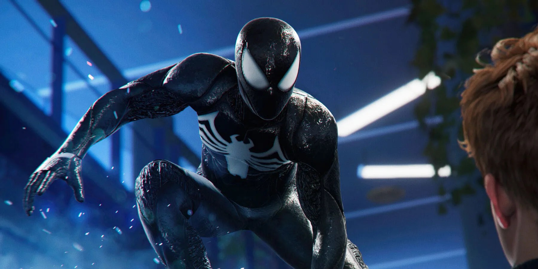 A screenshot of Spider-Man in his Symbiote costume in Marvel&rsquo;s Spider-Man 2.