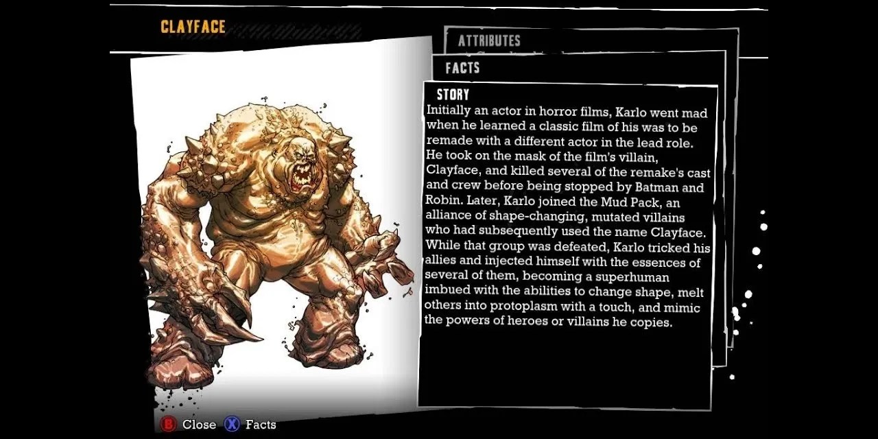 The Clayface character bio in Batman: Arkham Asylum