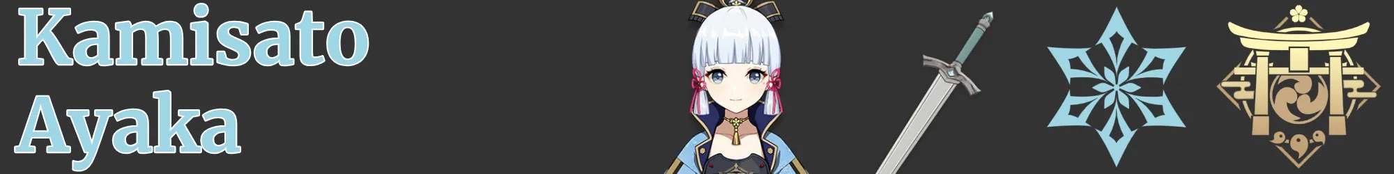 a narrow image strip with icons representing ayaka&rsquo;s weapon, element, and region - sword cryo inazuma - genshin impact