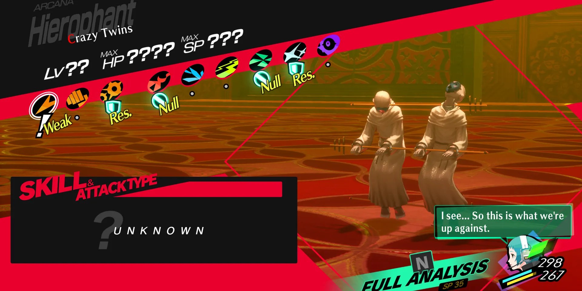 Image of all the weaknesses and resistances of Crazy Twins boss in Persona 3 Reload