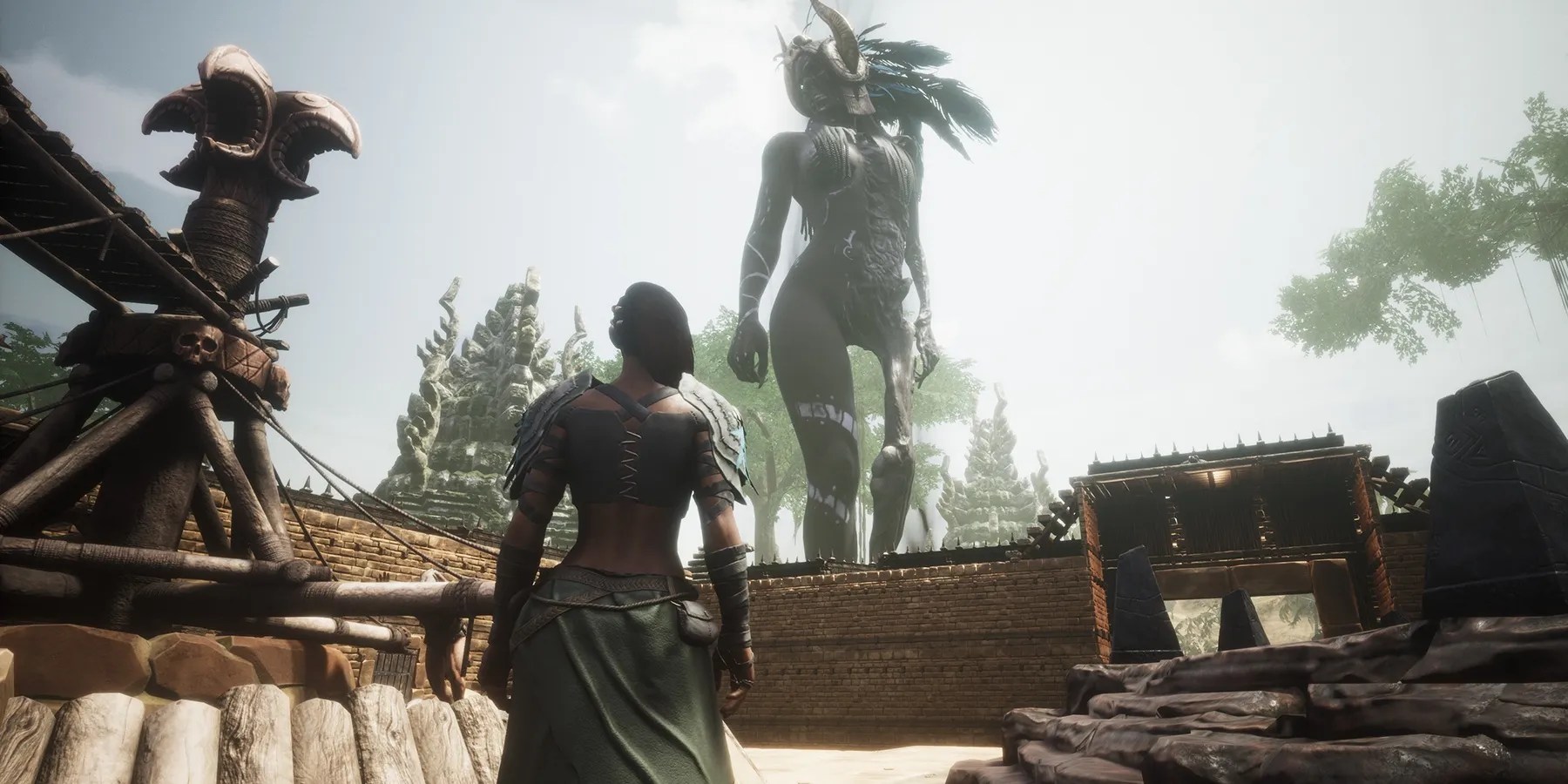 A character staring at a giant humanoid creature in Conan Exiles