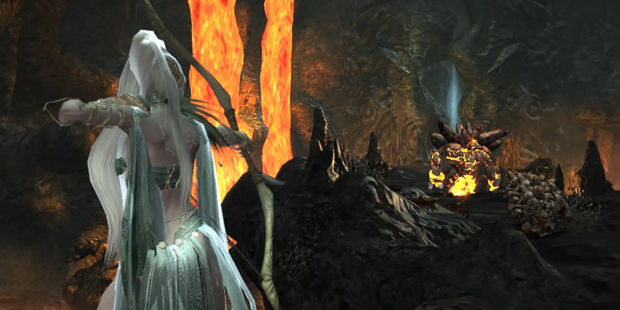 A white-haired woman aiming a bow in Kingdom Under Fire Circle Of Doom