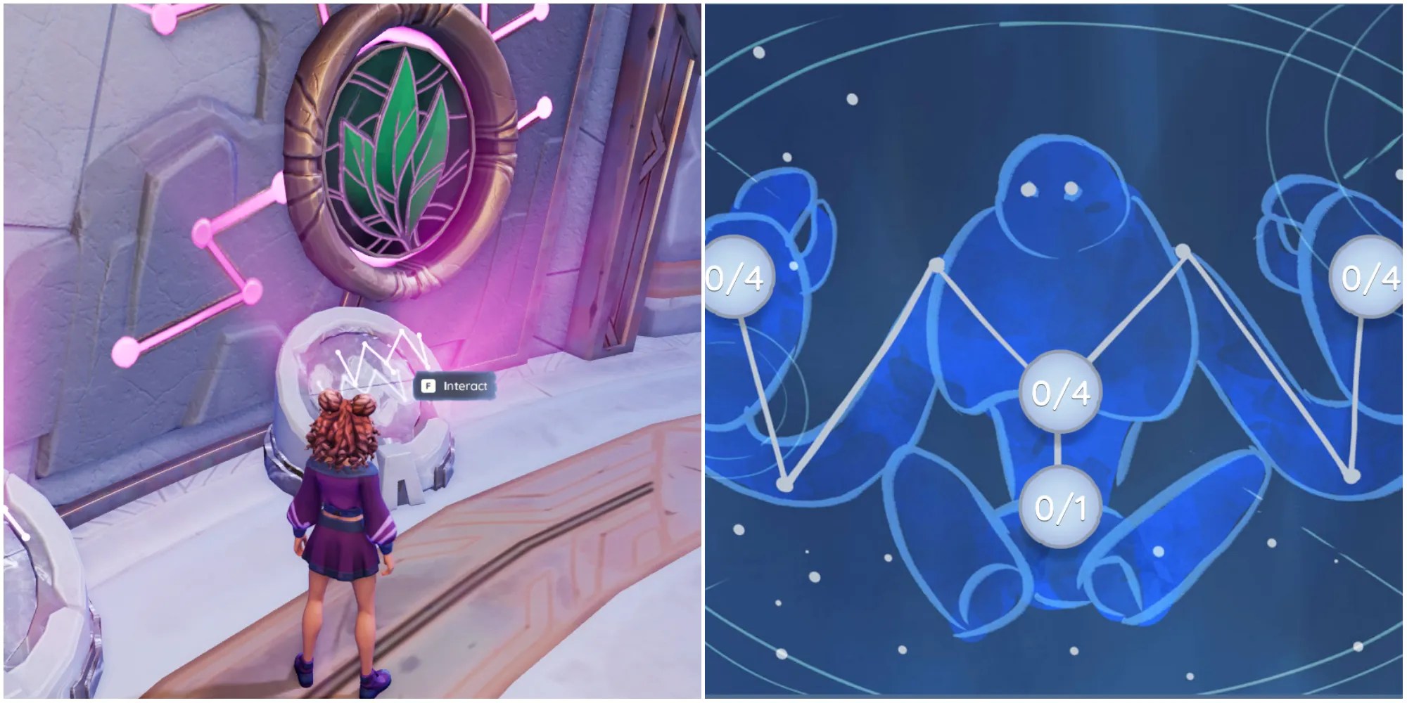A player in front of the Vault of the Roots interacting with the glowing stone device in the Night Sky Temple