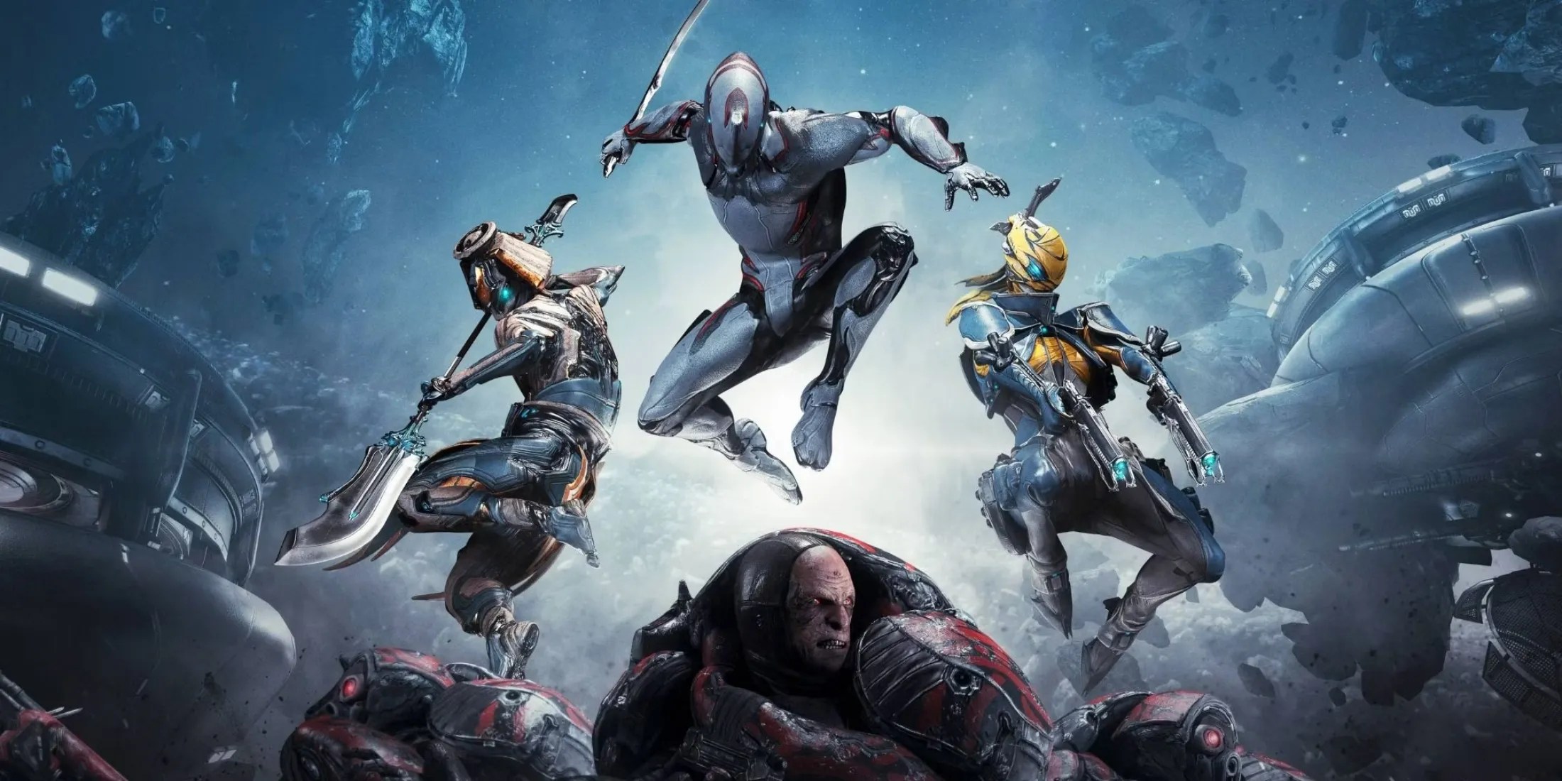 Three Warframes leaping over enemies