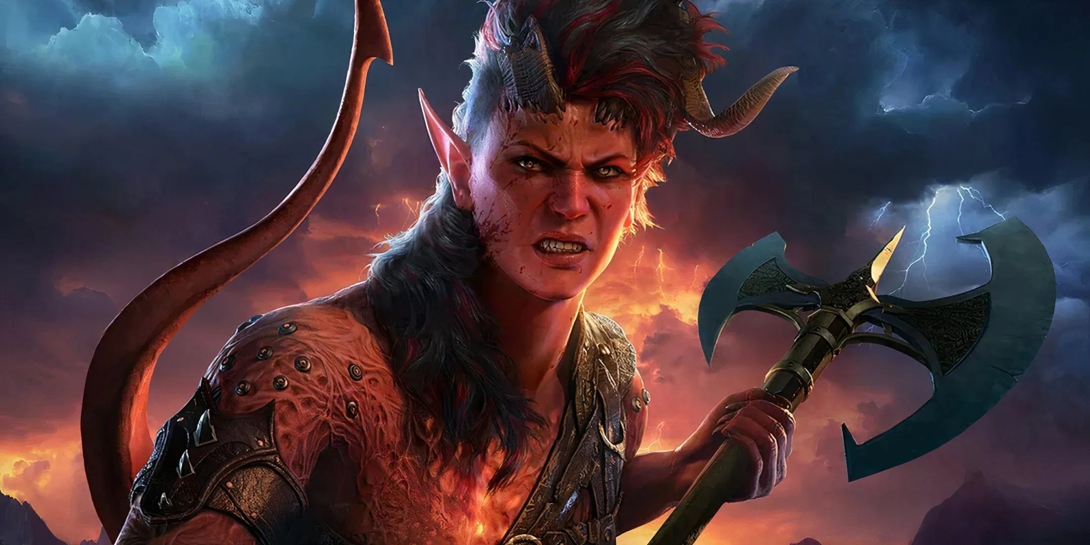 Karlach holding an axe with a storm in the background in Baldur&rsquo;s Gate 3