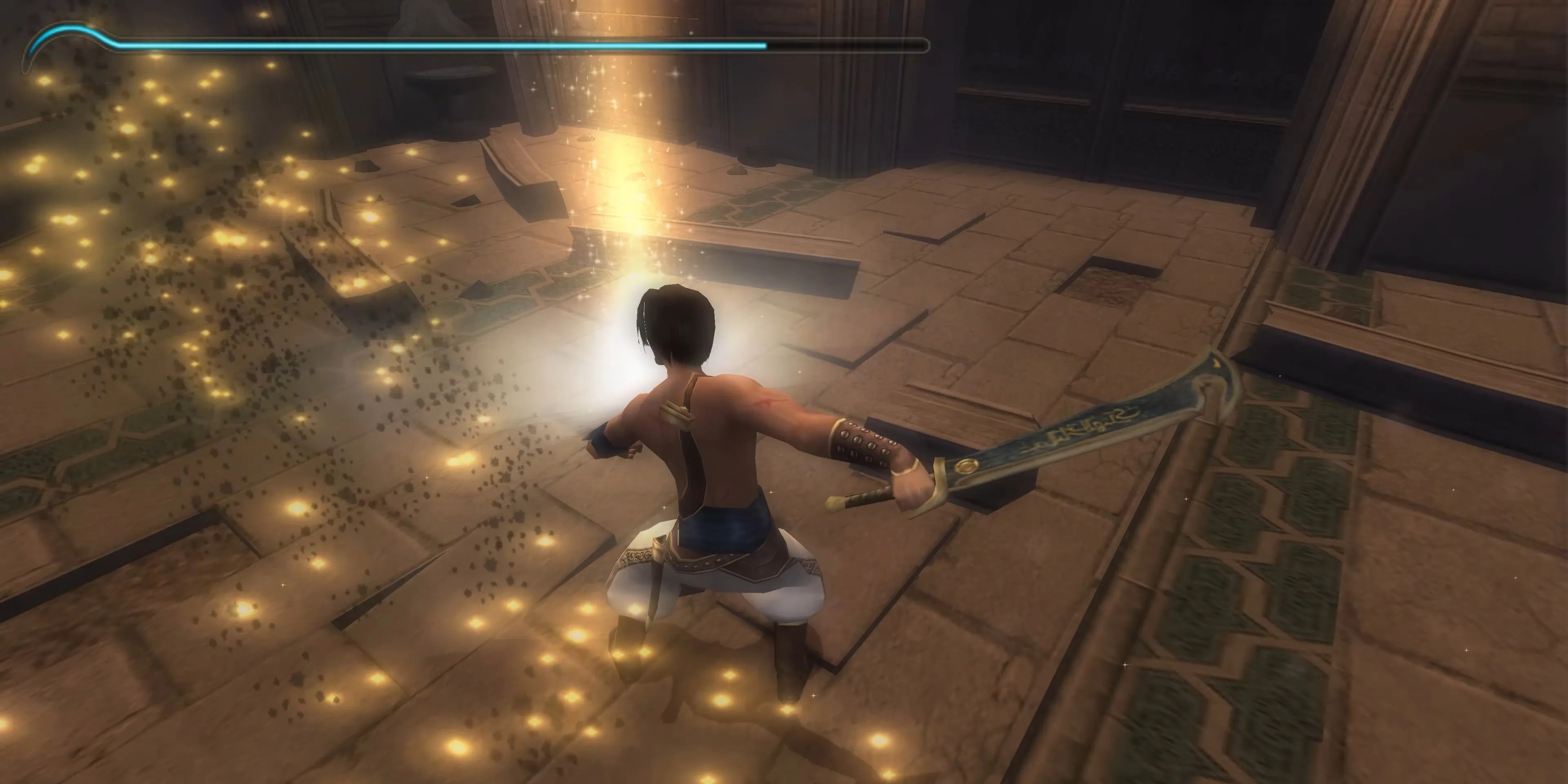 Gameplay screenshot showcasing the prince swinging his sword