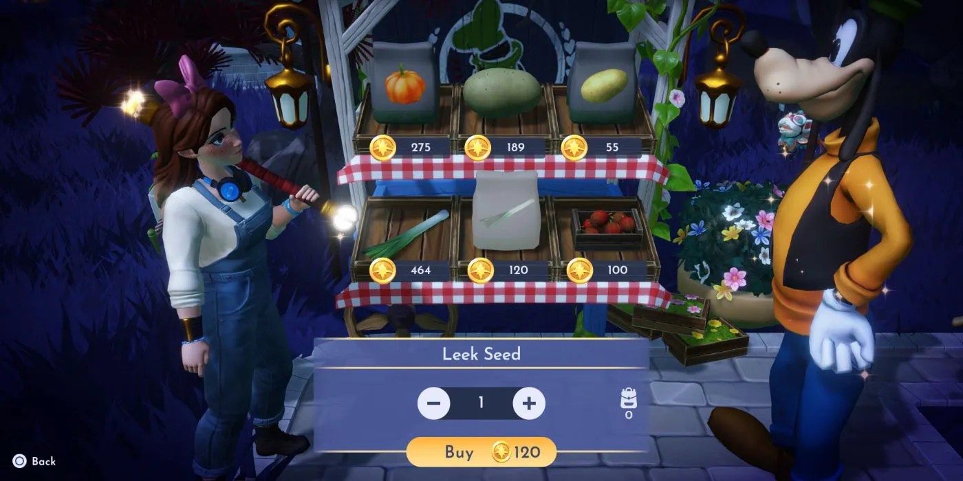 An image of Goofy&rsquo;s Stall selling the Leek Seed from Disney Dreamlight Valley