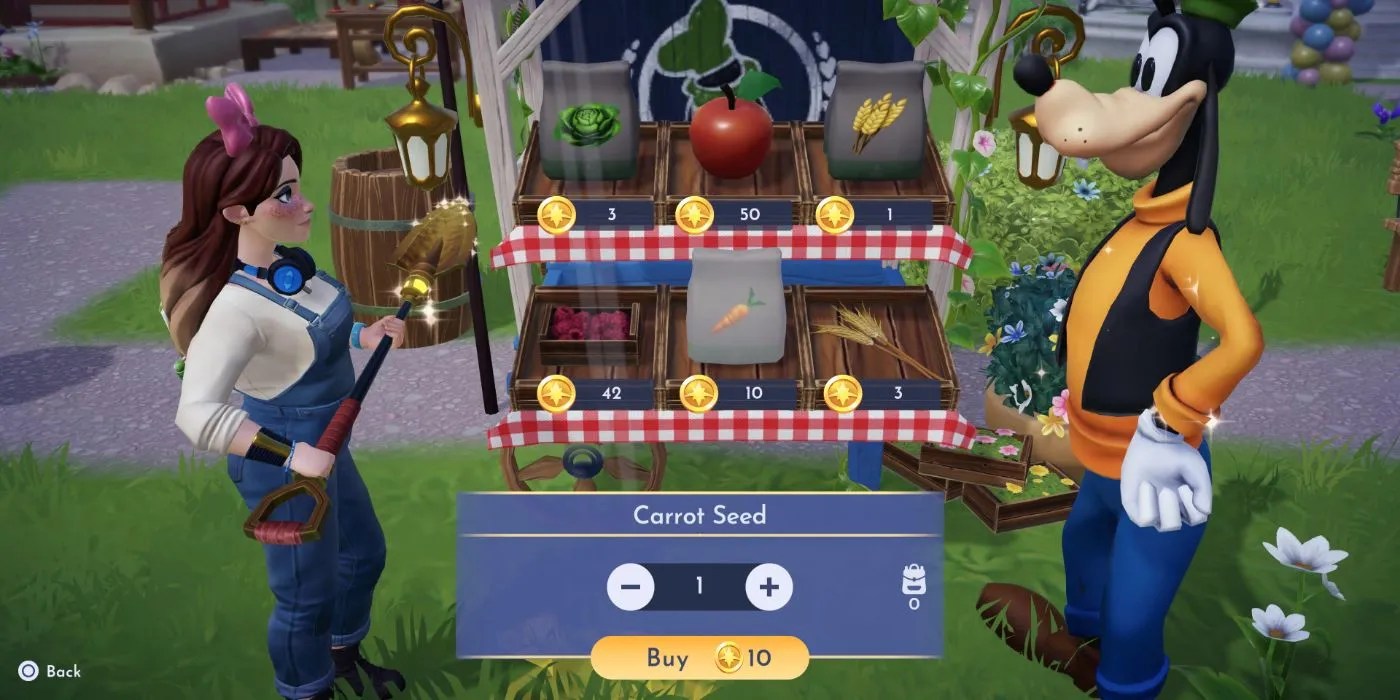 An image of Goofy&rsquo;s Stall selling the Carrot Seed from Disney Dreamlight Valley
