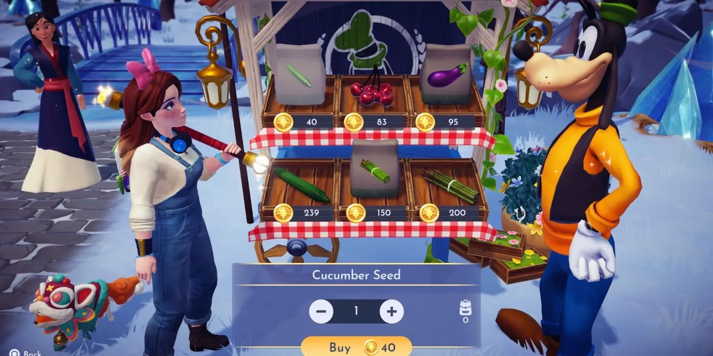 An image of Goofy&rsquo;s Stall selling the Cucumber Seed from Disney Dreamlight Valley
