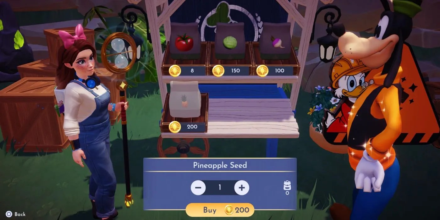 An image of Goofy&rsquo;s Stall selling the Pineapple Seed from Disney Dreamlight Valley
