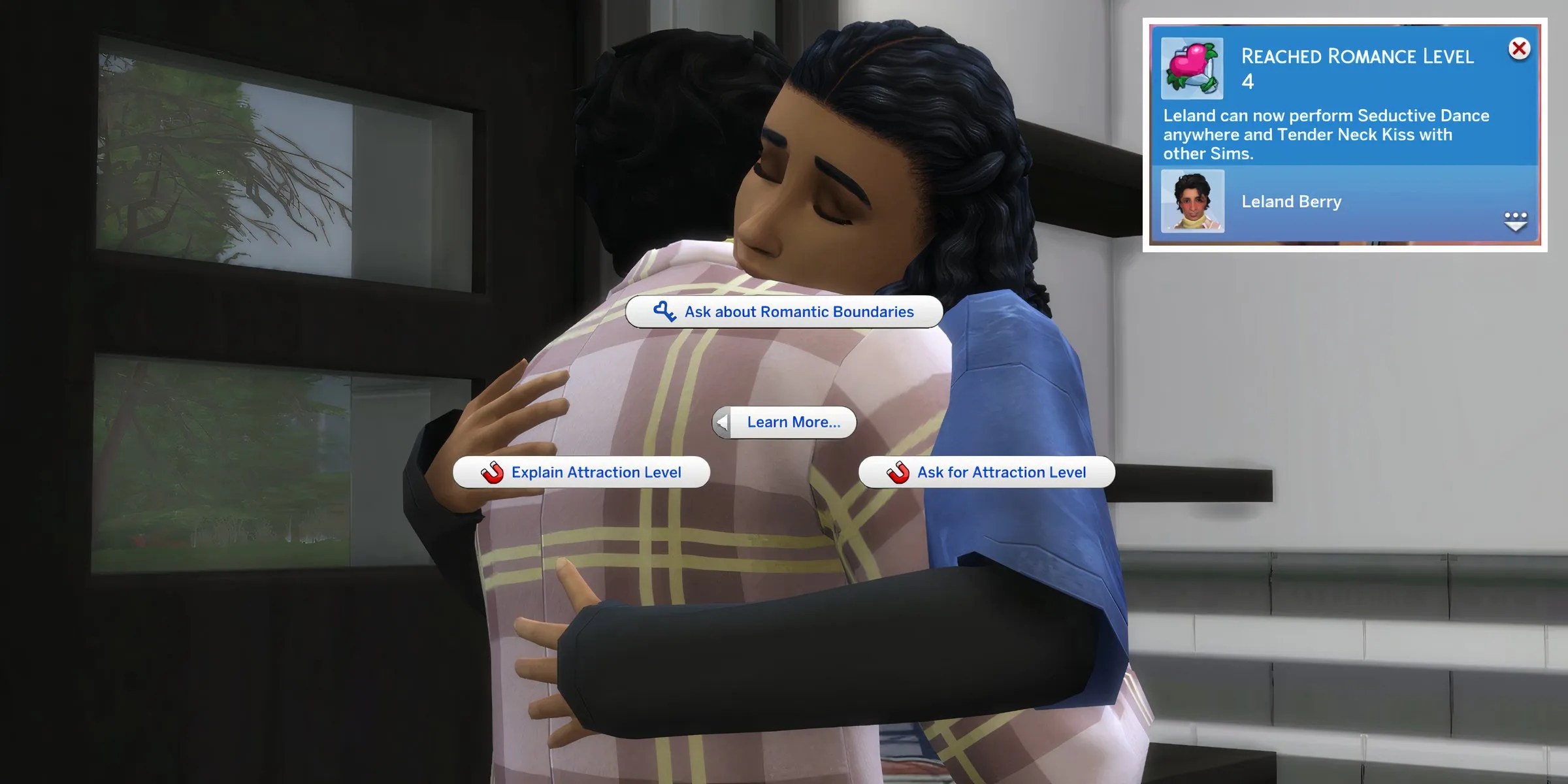 A couple embracing, achieving level four romance skill, and discussing boundaries