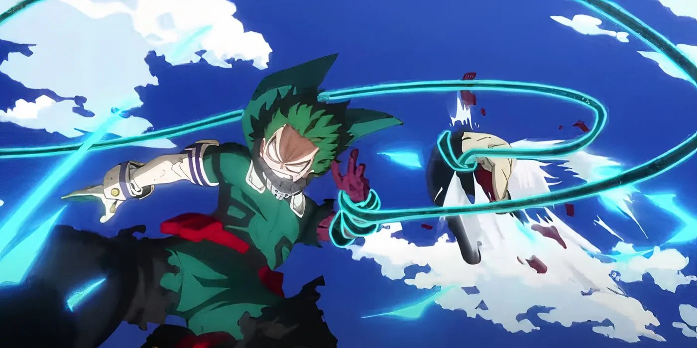 Midoriya using Blackwhip and One For All&rsquo;s strength to attack Tomura in My Hero Academia