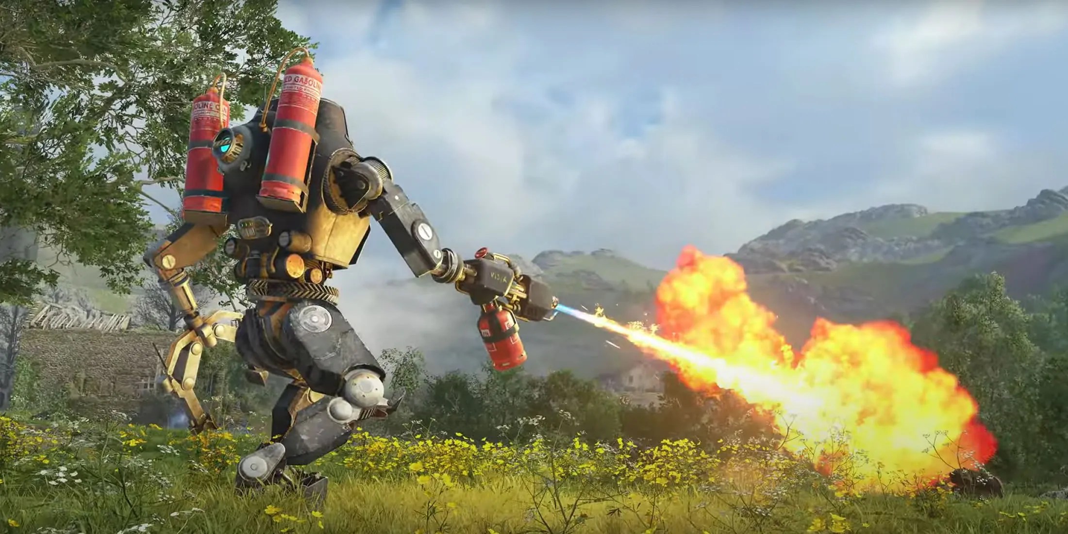 A robot uses its flamethrower in Atomfall