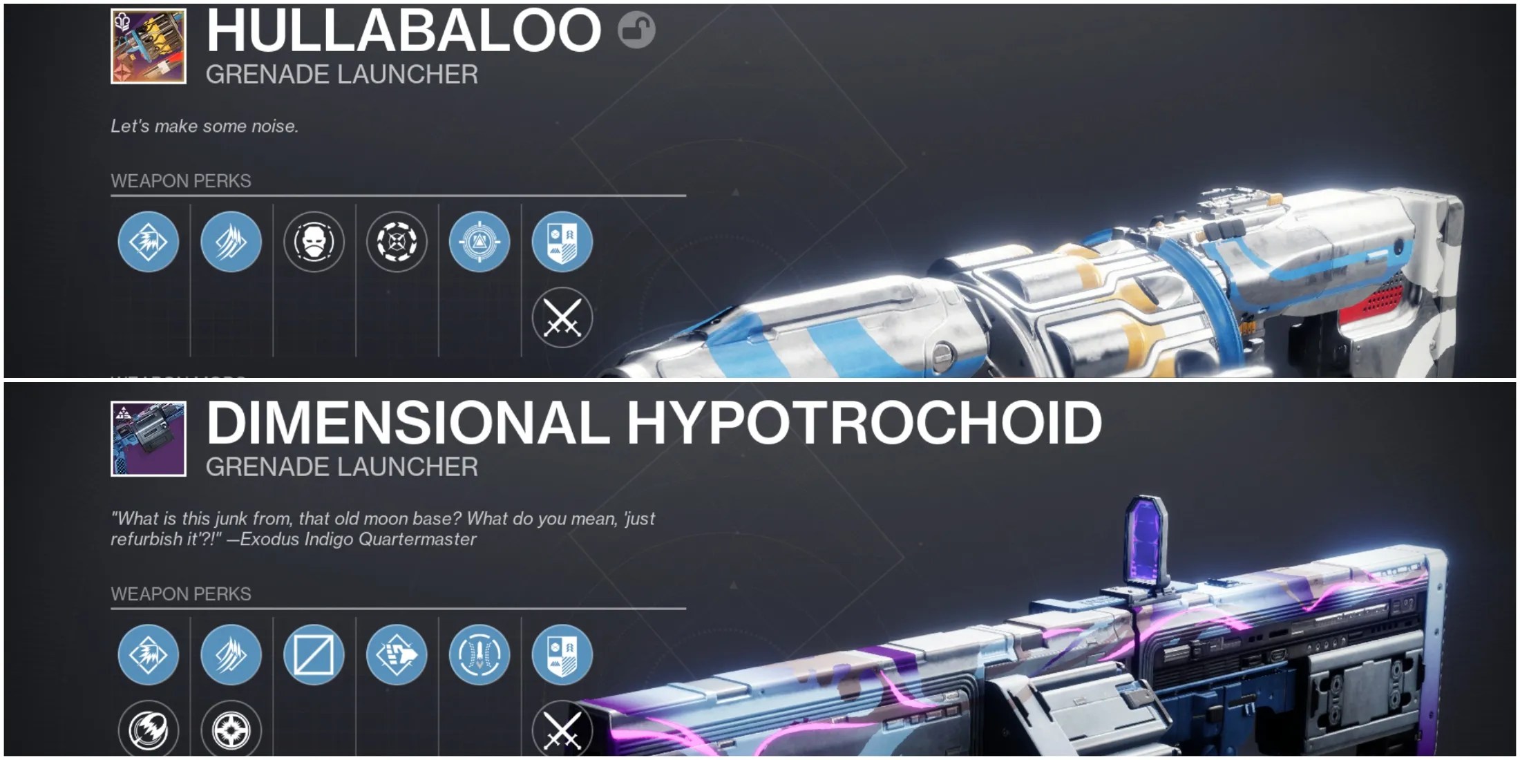 Hullabaloo and Dimensional Hypotrochoid, the two Compressed Wave Frame Grenade Launchers from Destiny 2