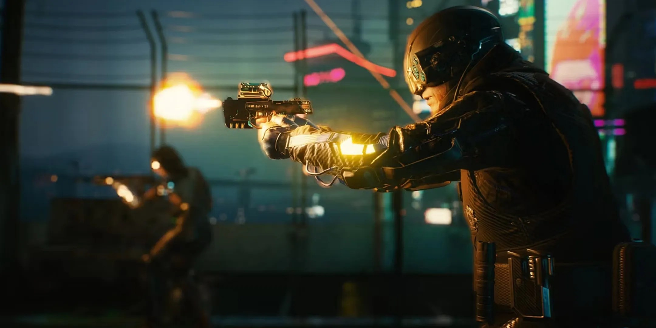 MaxTac from Cyberpunk 2077 Firing a Pistol