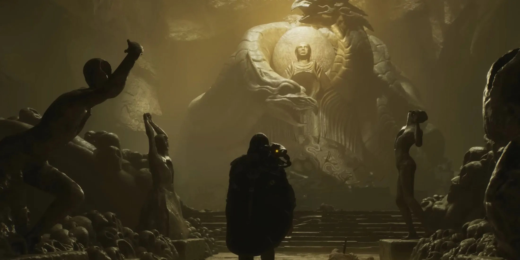 Hell is Us character in dungeon with statues