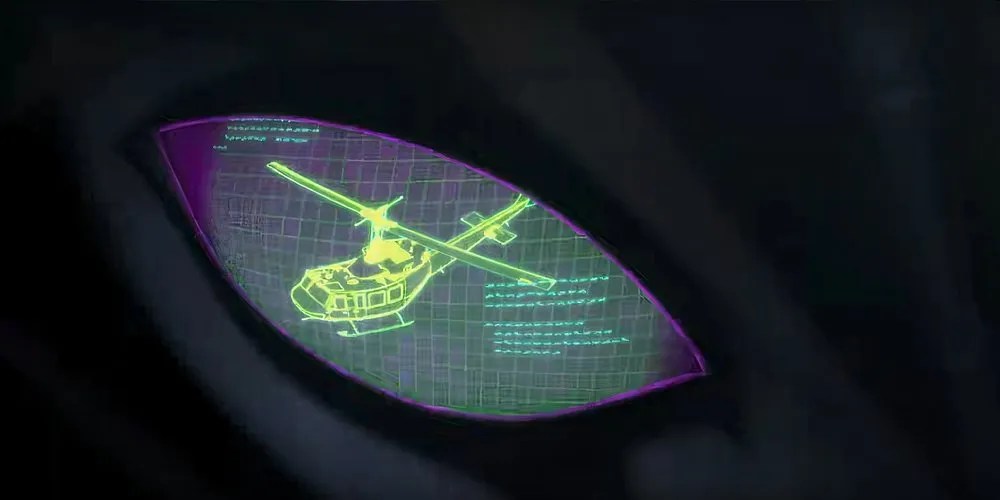 Airachnid&rsquo;s Eye With A Wireframe Of A Helicopter. Image source: Transformers Official YouTube