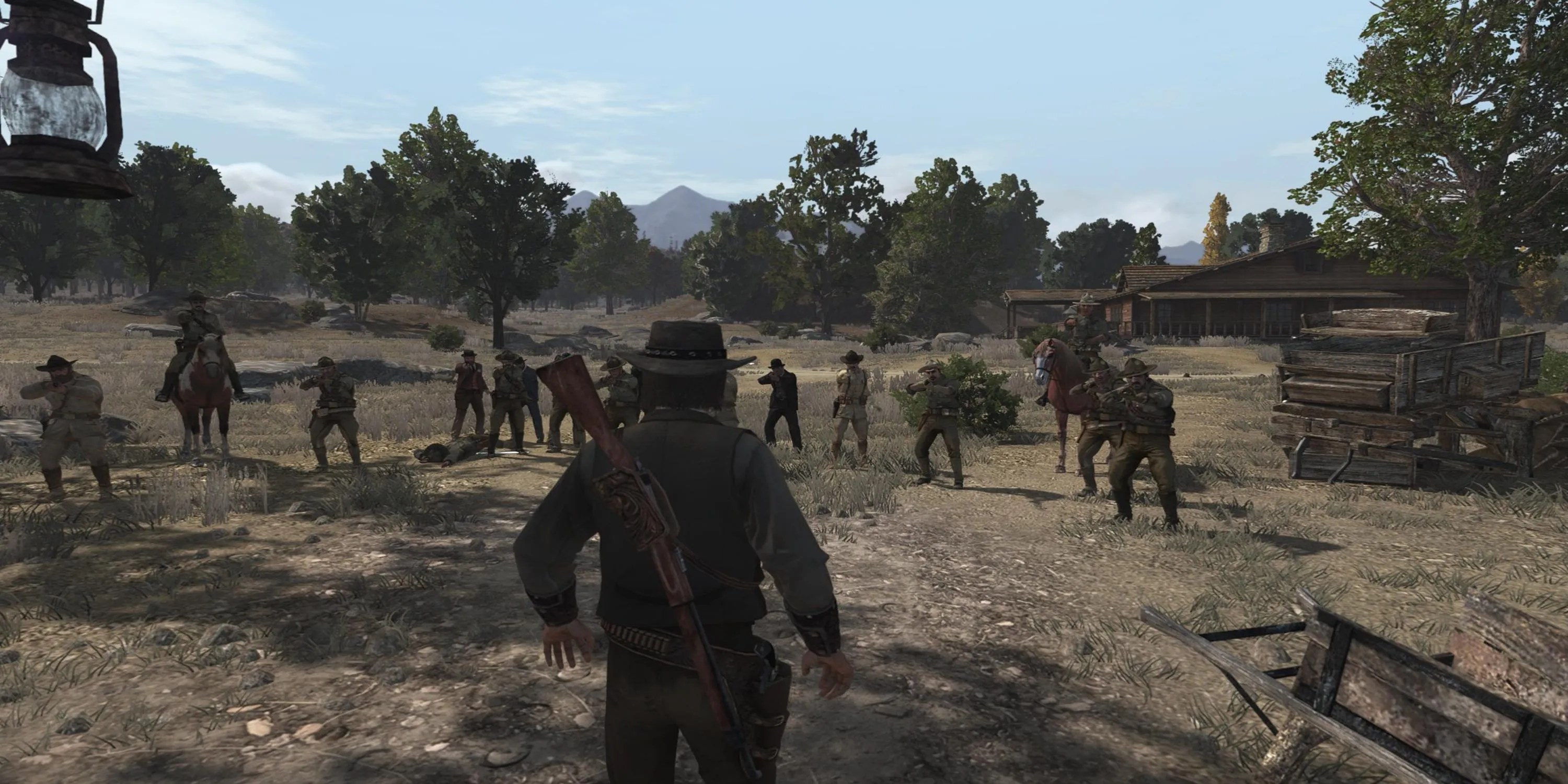 Enemies pointing guns at John Marston in The Last Enemy That Shall Be Destroyed mission in Red Dead Redemption