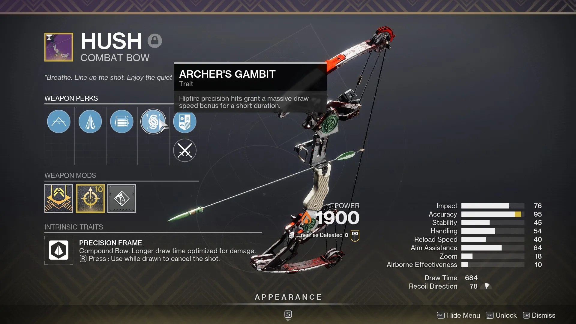 Destiny 2 Hush God Roll Opening Shot Archer&rsquo;s Gambit