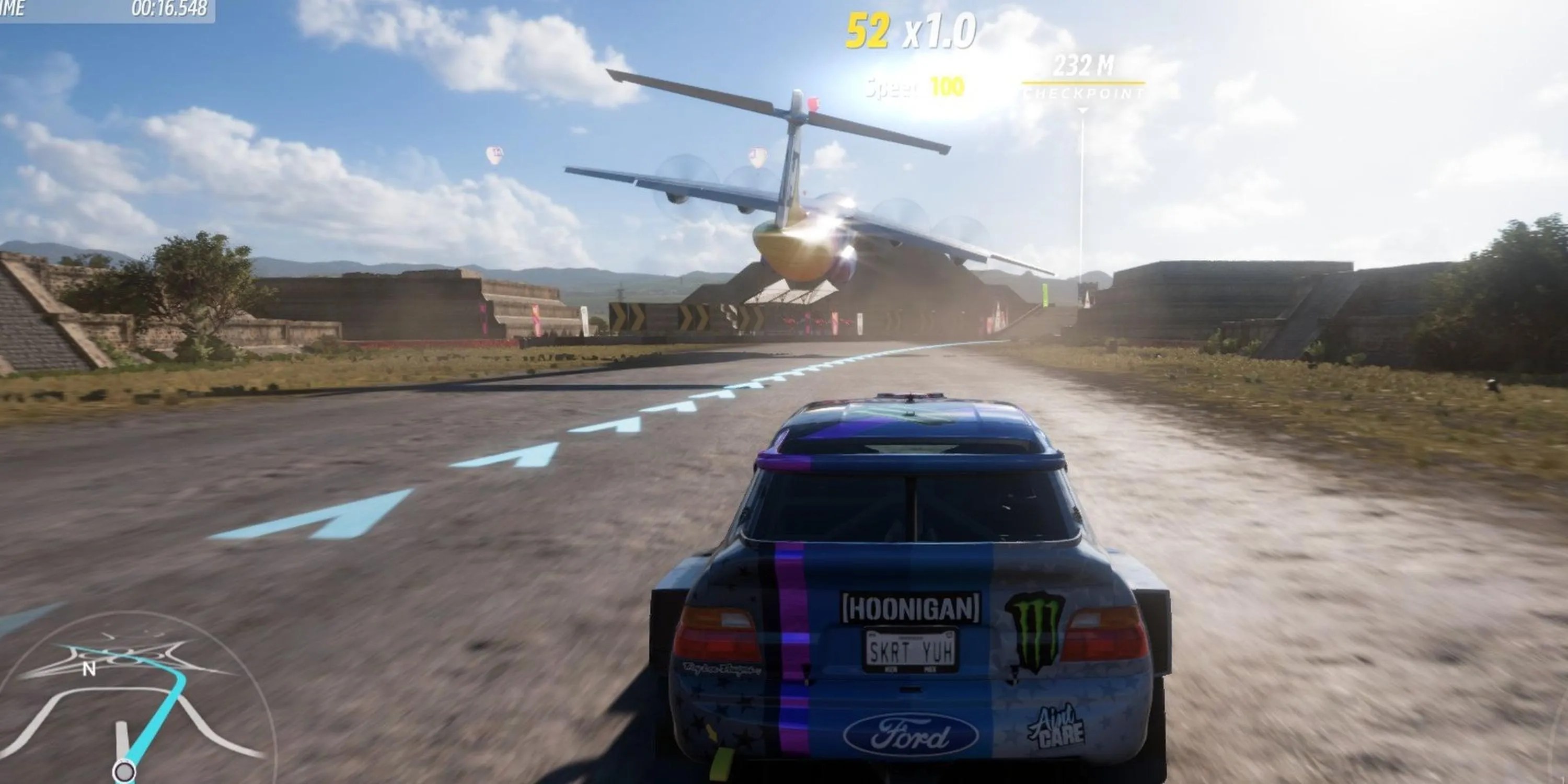 Racing in a car against an aeroplane in On A Wing And A Prayer showcase event in Forza Horizon 5