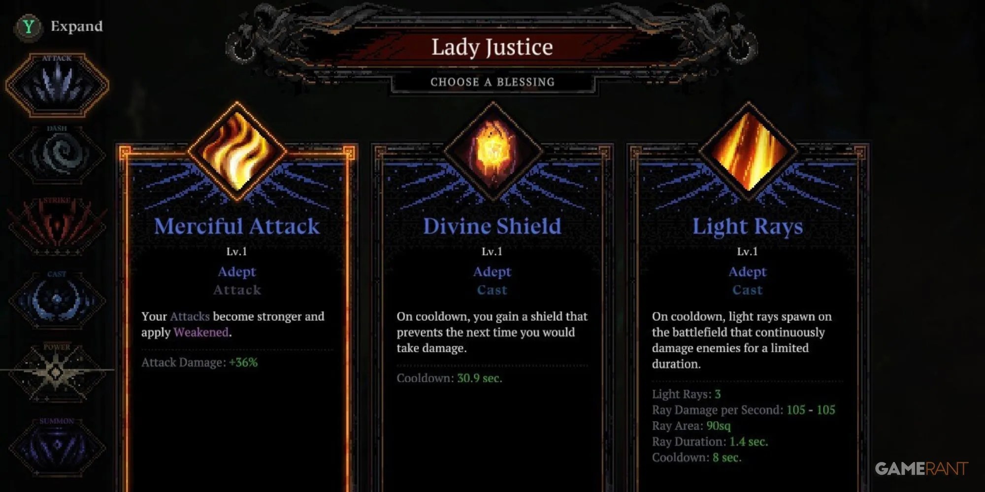 A player looking at blessings from Lady Justice in Death Must Die