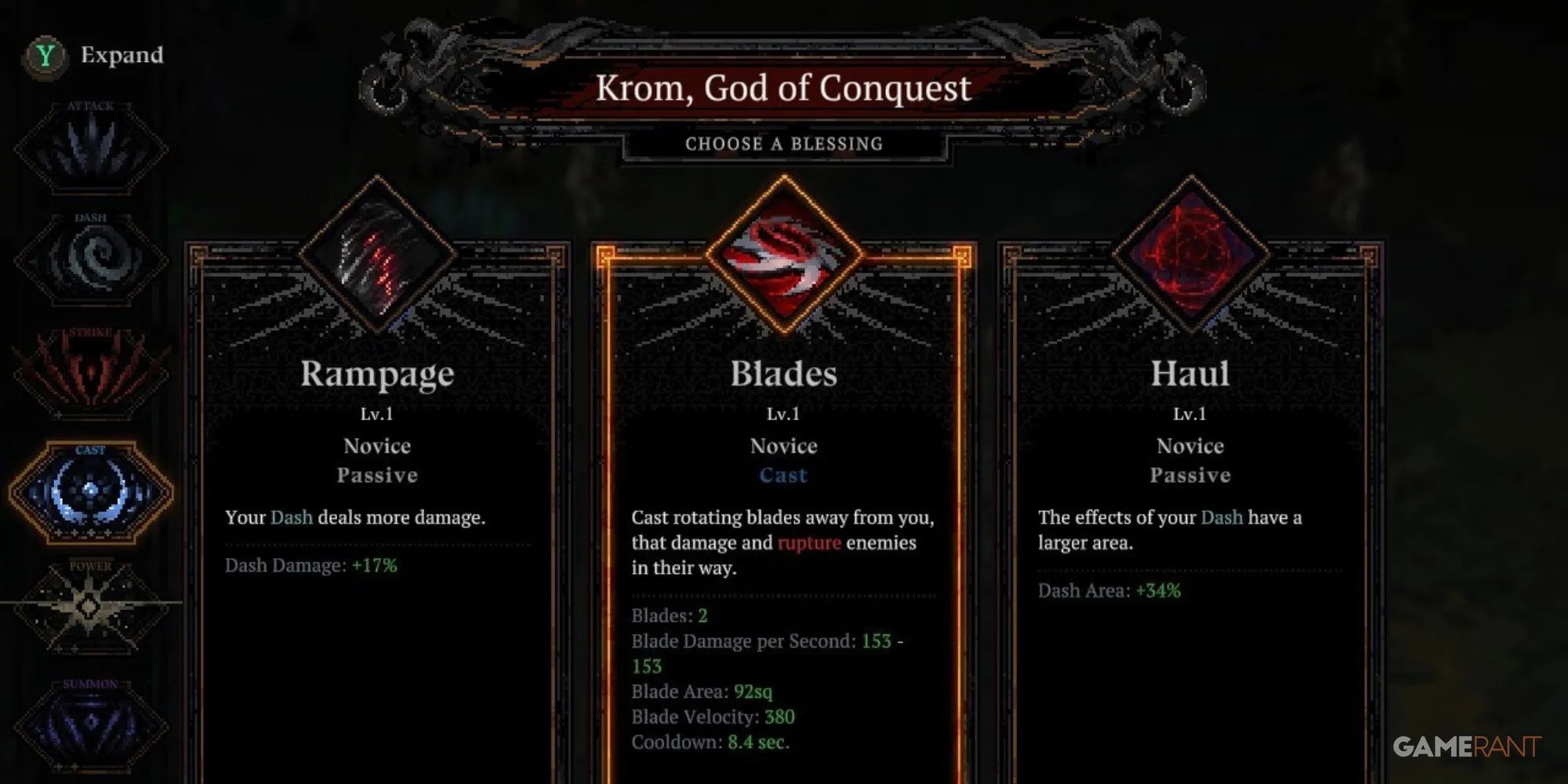 A player looking at Krom, God of Conquest Blessings in Death Must Die