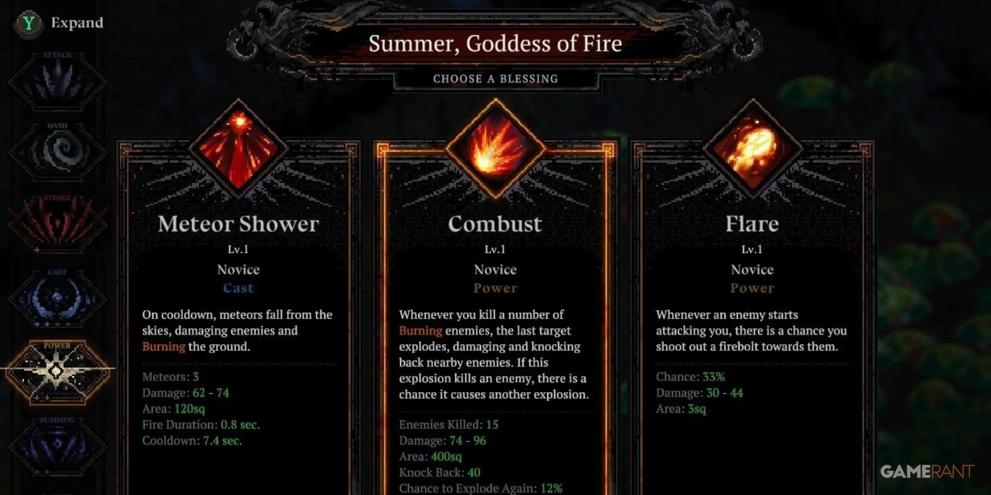 A player about to select Combust in Death Must Die