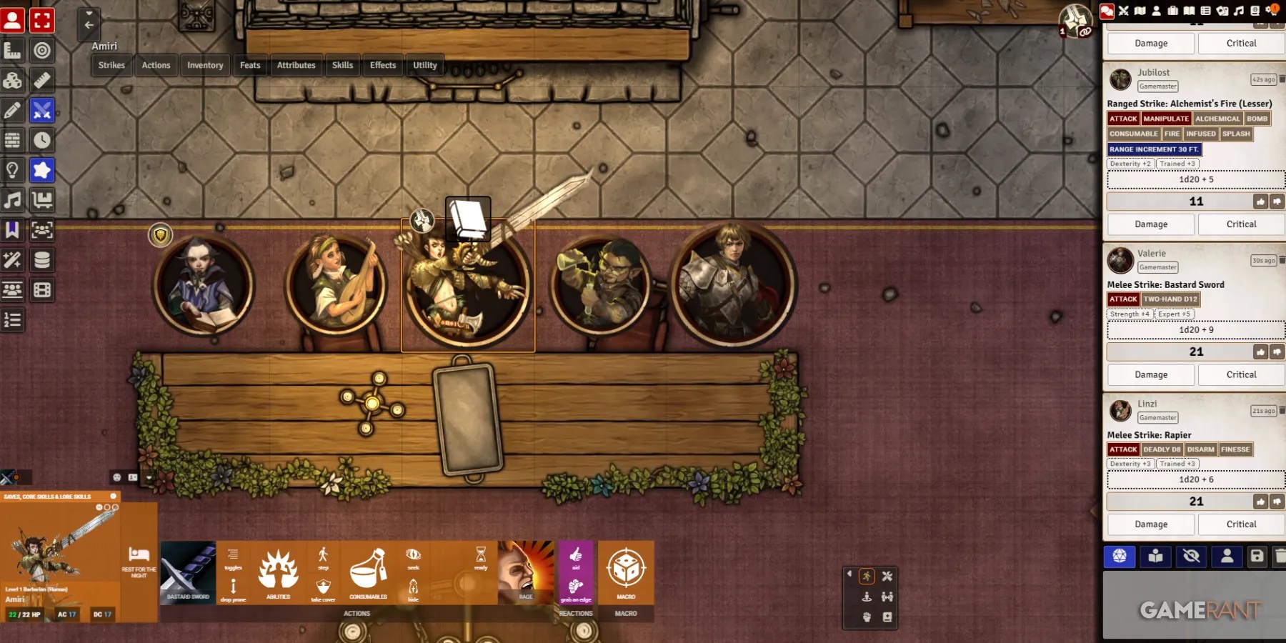 Foundry VTT interface in a Pathfinder TTRPG gameplay