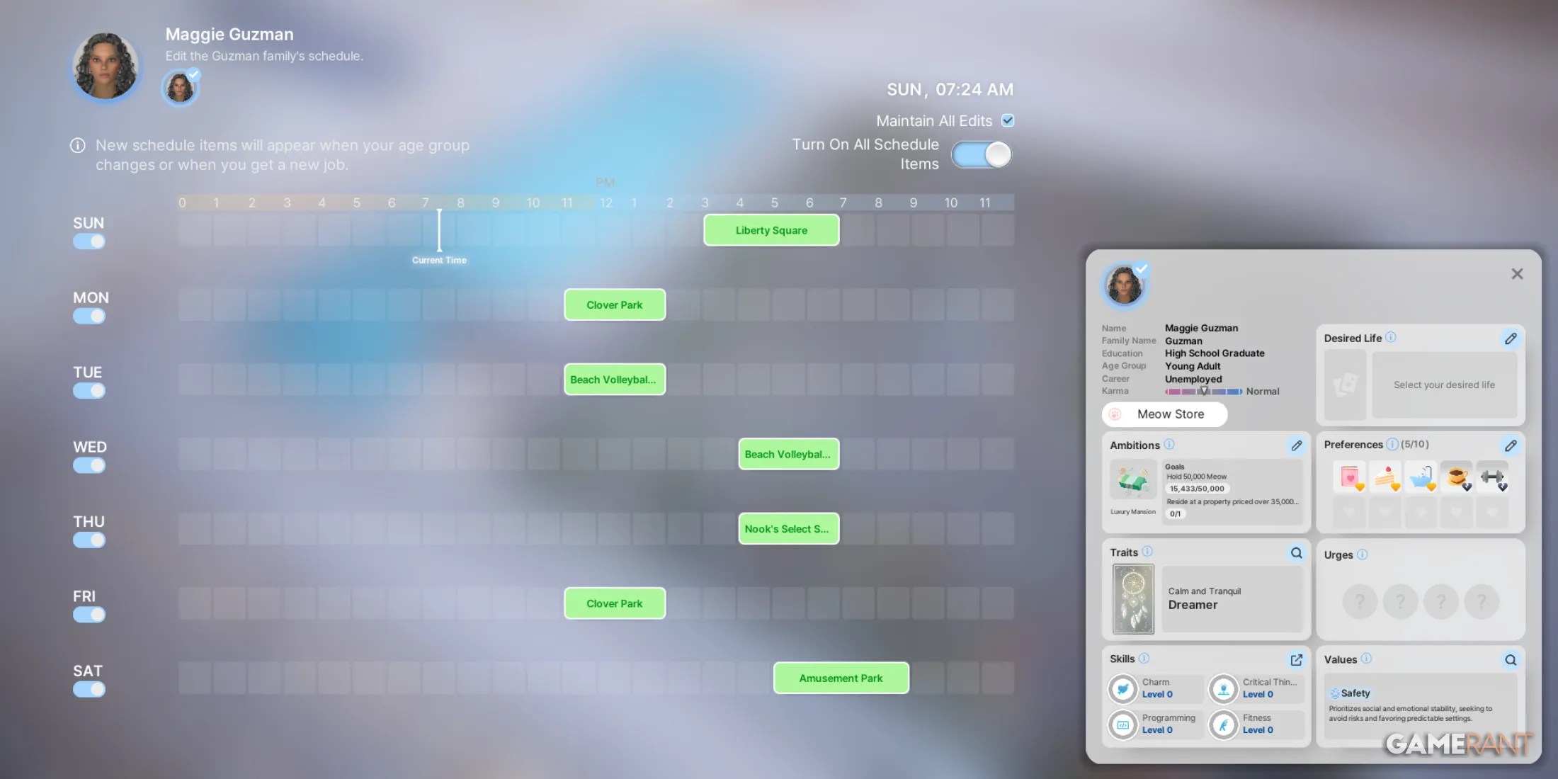Detailed view of a Zoi&rsquo;s weekly schedule in inZOI, allowing customization of daily tasks to improve gameplay efficiency