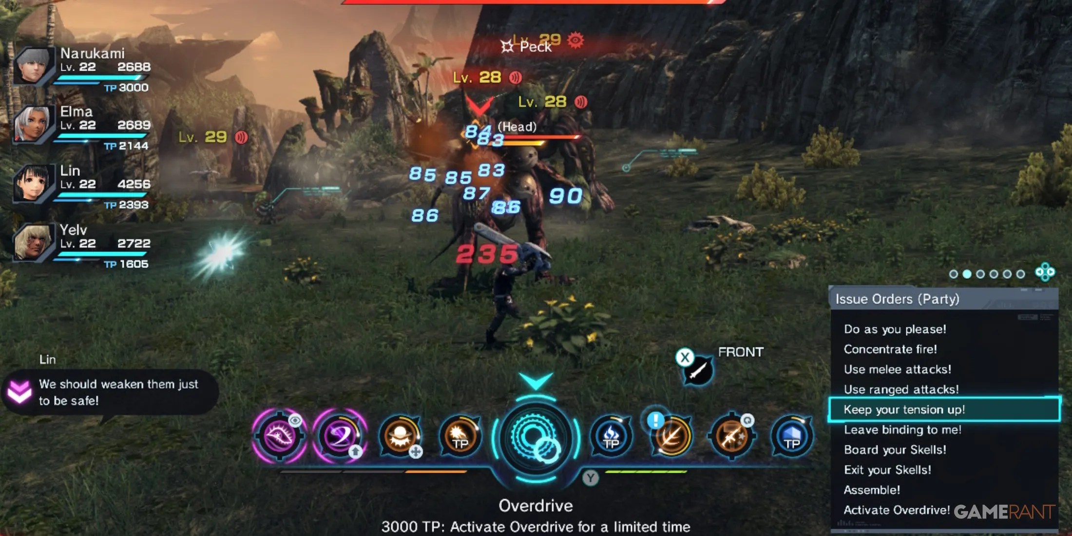 Issuing party commands while using Overdrive against high-level enemies in Xenoblade Chronicles X