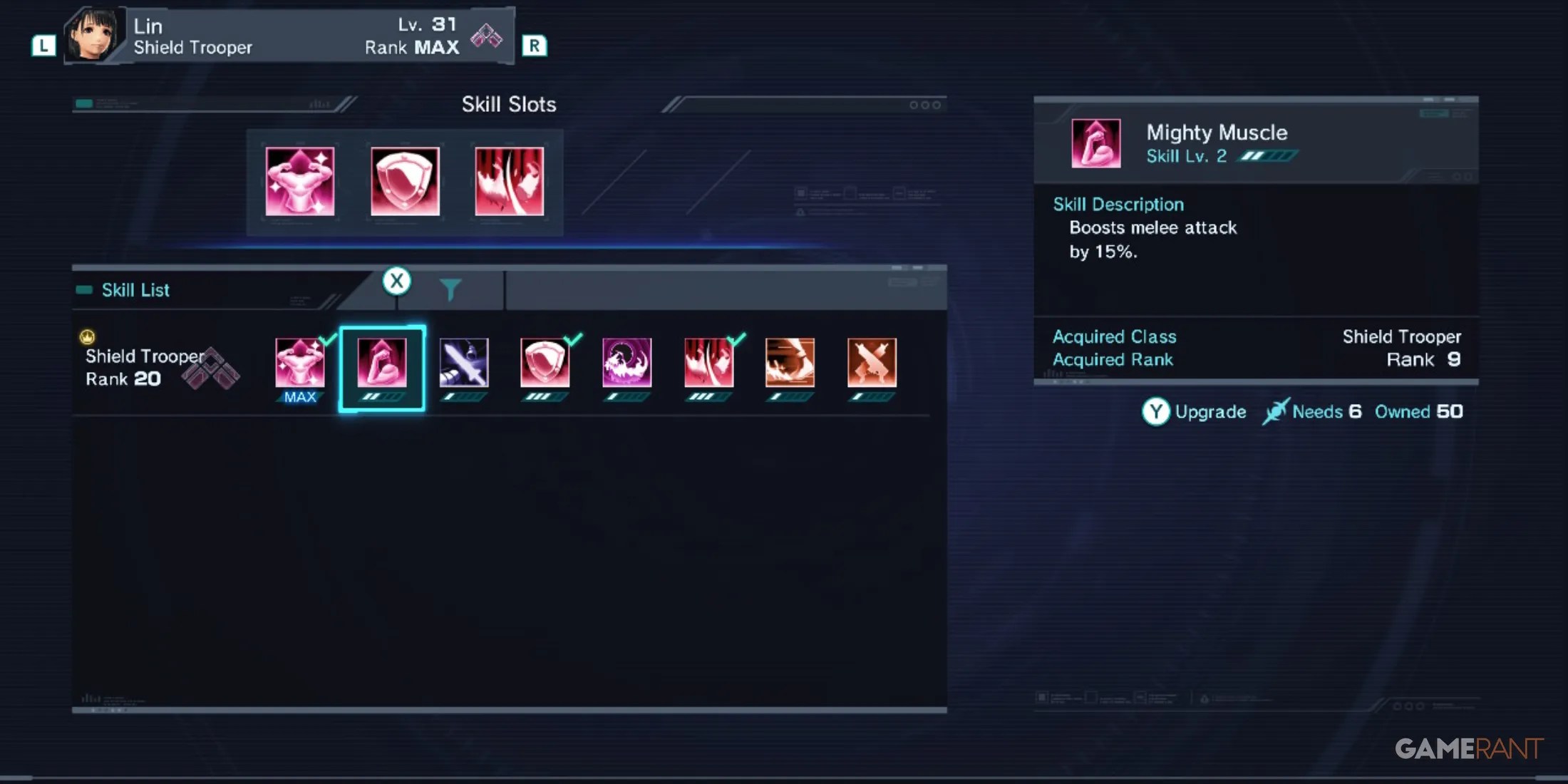 Skill menu showing Mighty Muscle in Lin’s setup, part of the best build for Lin in Xenoblade Chronicles X Definitive Edition