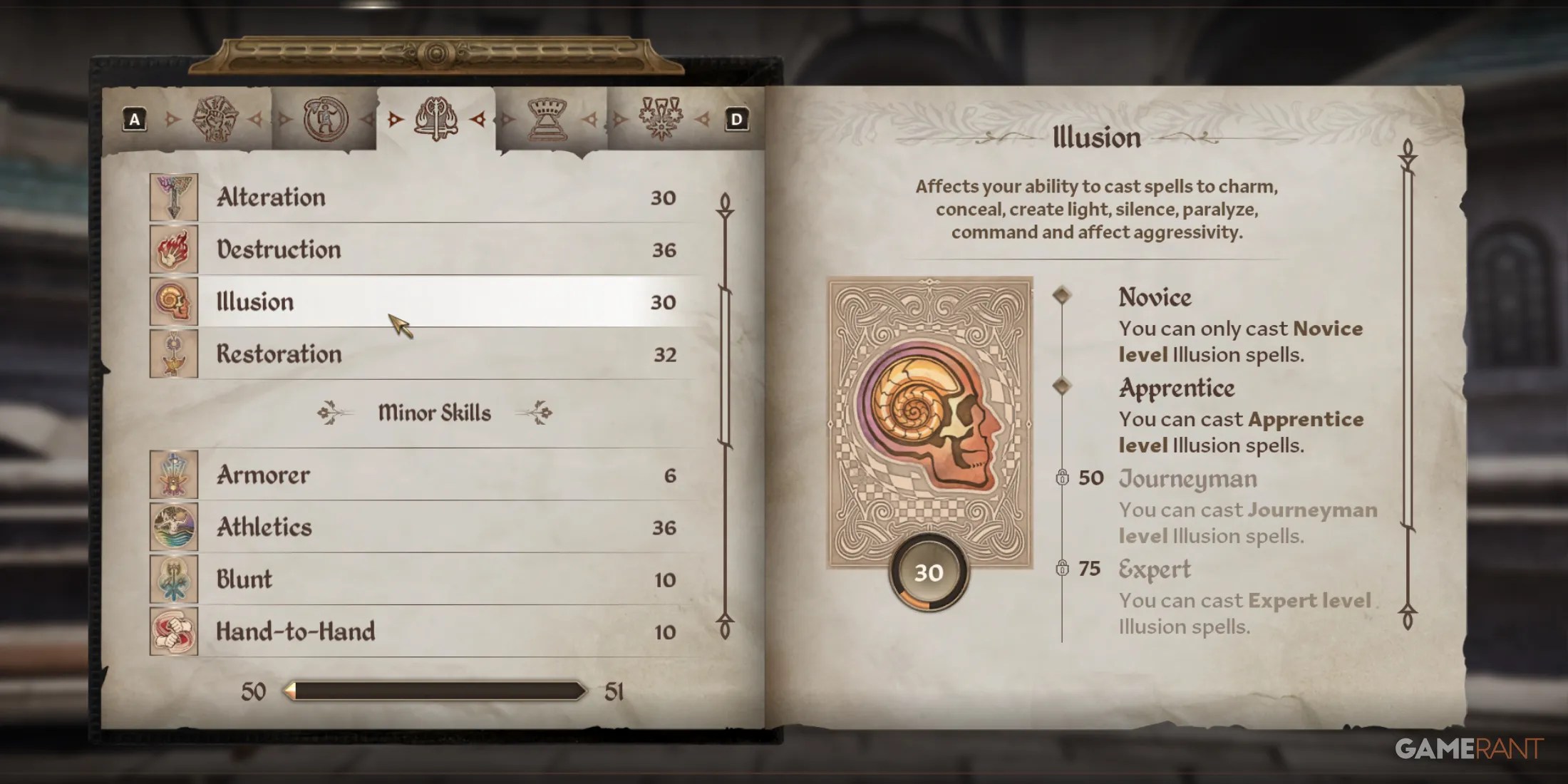 Illusion skill page highlights charm and control spells, making it a top contender in best School of Magics in Oblivion Remastered