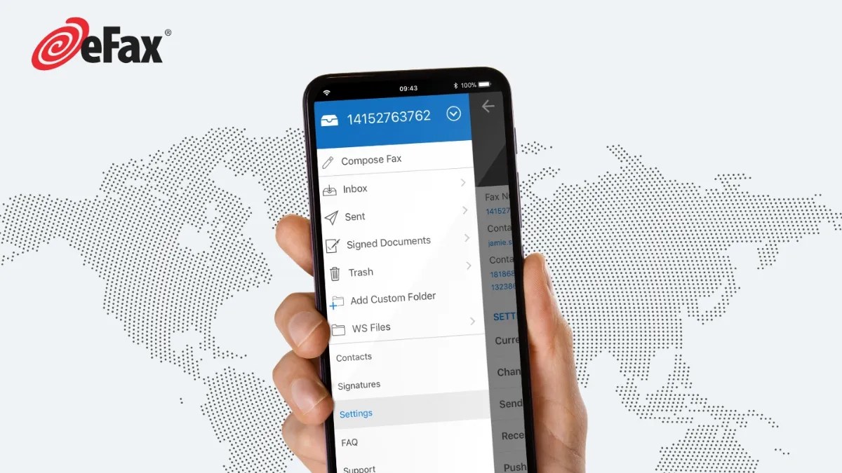 Hand holding up a smartphone showing the eFax app.