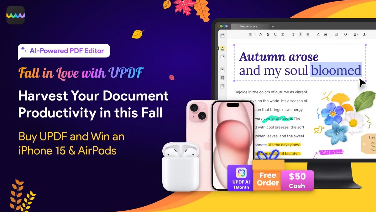 Ad for UPDF Editor sale and sweepstakes on a dark purple background.