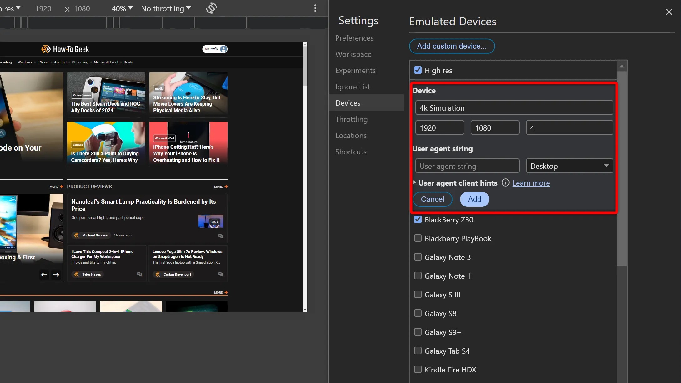 Custom Device Specifications.