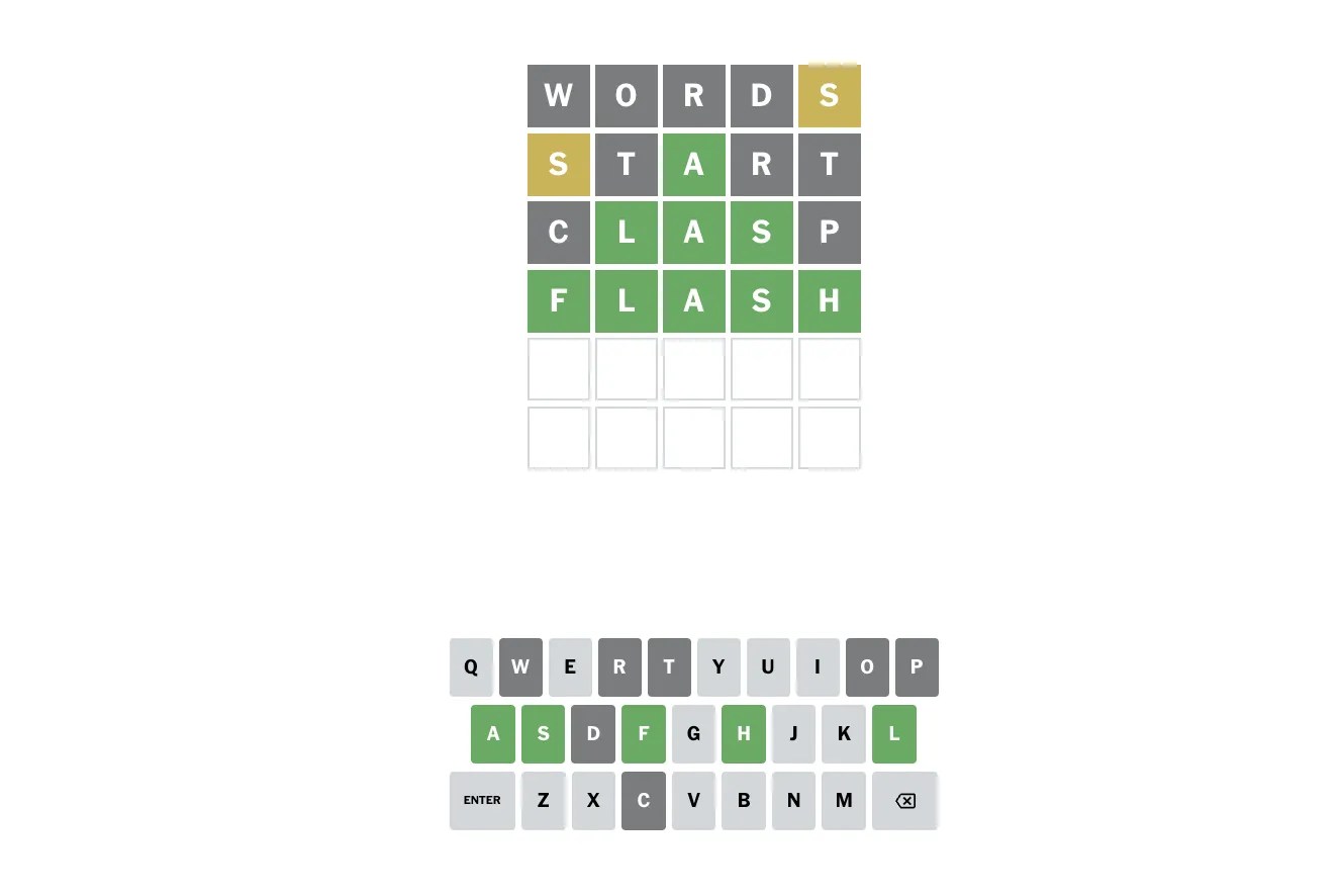 A solved Wordle puzzle.