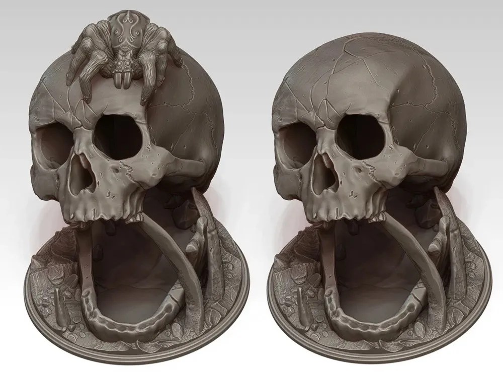 Desert&rsquo;s Kiss - Diorama Dice Tower shown in two versions with a skull including and sans spider.
