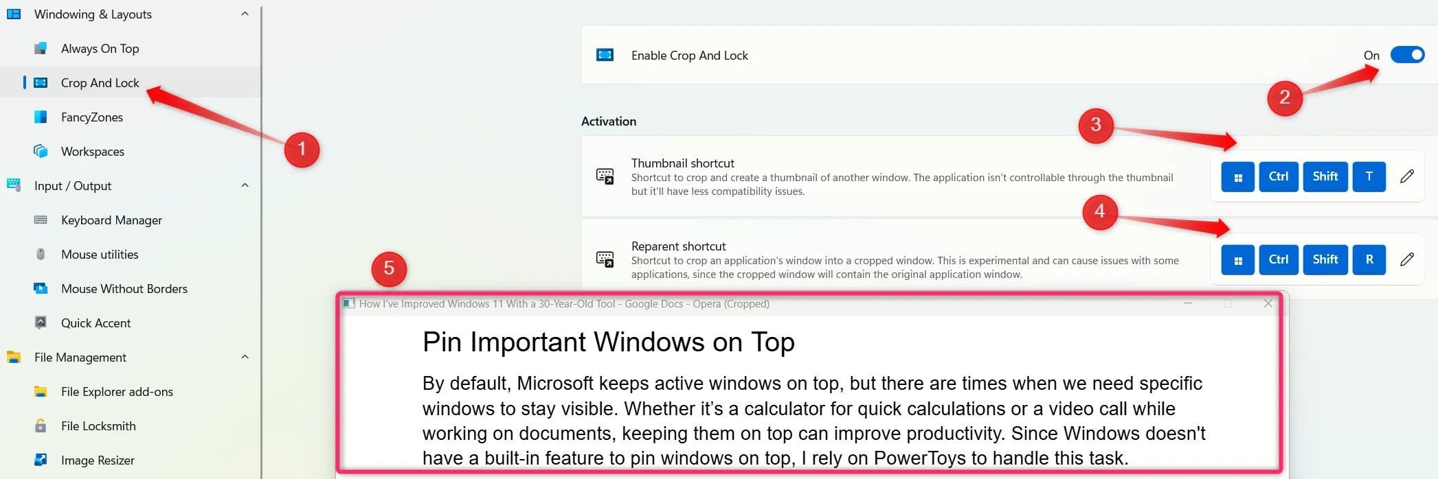 Enabling the Crop and Lock feature and using it to crop a Google Docs document window.